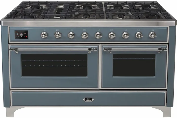 ILVE Majestic II 60″ Dual Fuel Natural Gas Range in Blue Grey with Chrome Trim, UM15FDNS3BGC