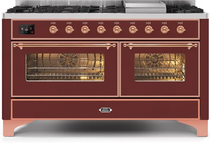 ILVE Majestic II 60″ Dual Fuel Natural Gas Range in Burgundy with Copper Trim, UM15FDNS3BUP