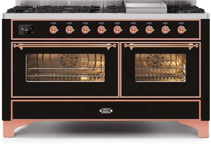ILVE Majestic II 60″ Dual Fuel Natural Gas Range in Glossy Black with Copper Trim, UM15FDNS3BKP