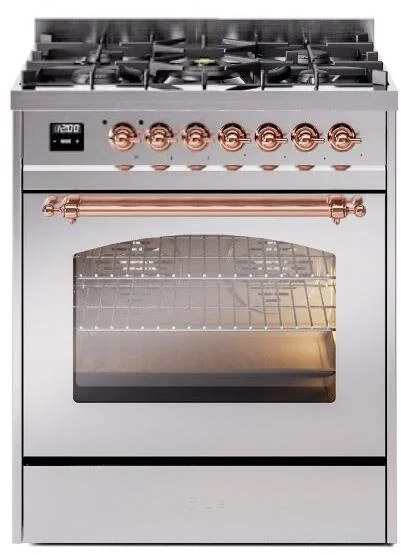 ILVE Nostalgie II 30″ Dual Fuel Propane Gas Range in Stainless Steel with Copper Trim, UP30NMPSSPLP