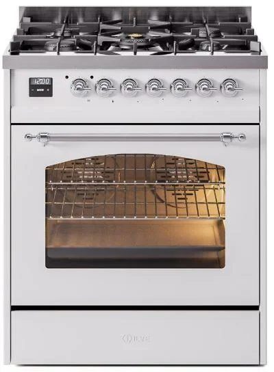 ILVE Nostalgie II 30″ Dual Fuel Propane Gas Range in White with Chrome Trim, UP30NMPWHCLP