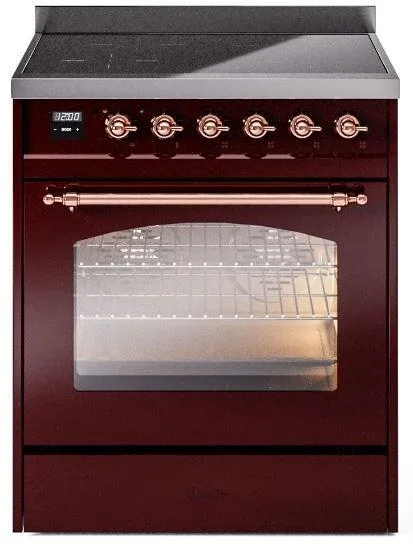 ILVE Nostalgie II 30″ Induction Range with Element Stove and Electric Oven in Burgundy with Copper Trim, UPI304NMPBUP