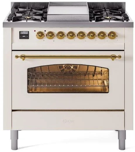 ILVE Nostalgie II 36″ Dual Fuel Natural Gas Range in Antique White with Brass Trim, UP36FNMPAWG