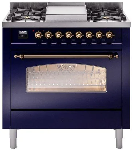ILVE Nostalgie II 36″ Dual Fuel Natural Gas Range in Blue with Bronze Trim, UP36FNMPMBB