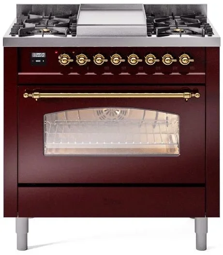 ILVE Nostalgie II 36″ Dual Fuel Natural Gas Range in Burgundy with Brass Trim, UP36FNMPBUG