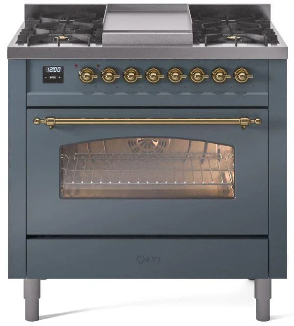 ILVE Nostalgie II 36″ Dual Fuel Propane Gas Range in Blue Grey with Brass Trim, UP36FNMPBGGLP