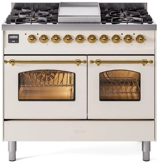 ILVE Nostalgie II 40″ Dual Fuel Natural Gas Range in Antique White with Brass Trim, UPD40FNMPAWG