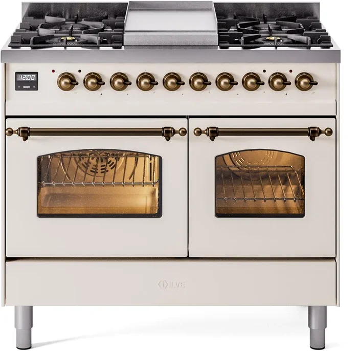 ILVE Nostalgie II 40″ Dual Fuel Natural Gas Range in Antique White with Bronze Trim, UPD40FNMPAWB