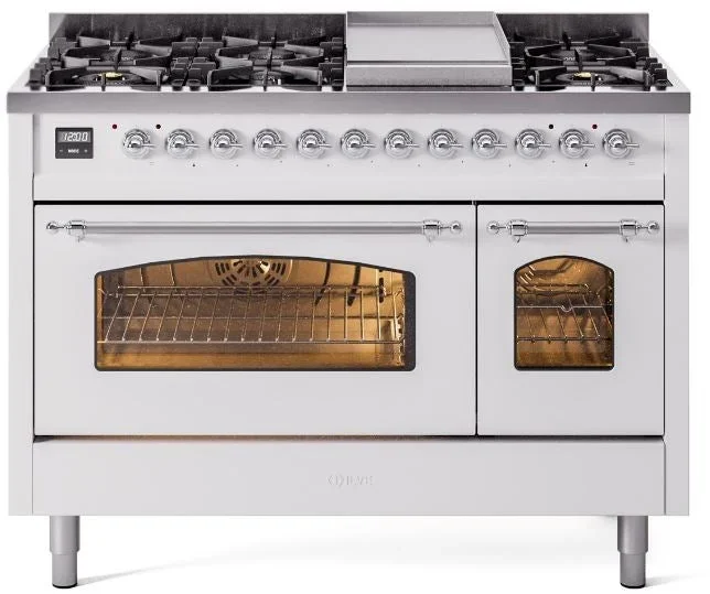ILVE Nostalgie II 48″ Dual Fuel Propane Gas Range in White with Chrome Trim, UP48FNMPWHCLP