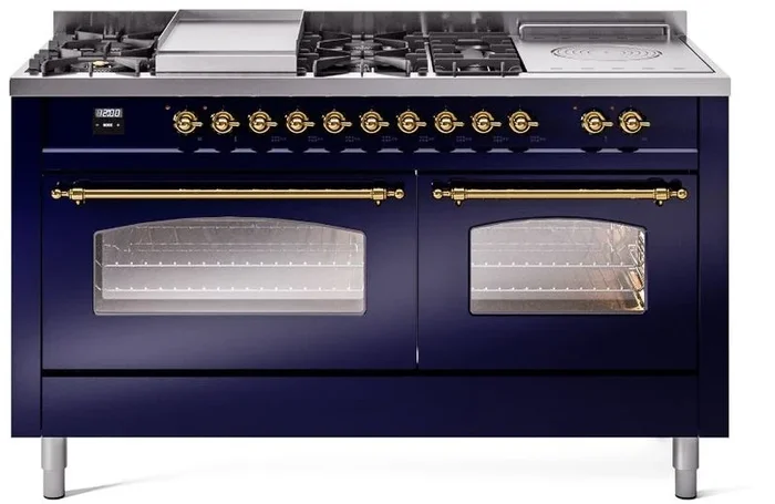 ILVE Nostalgie II 60″ Dual Fuel Natural Gas Range in Blue with Brass Trim, UP60FSNMPMBG