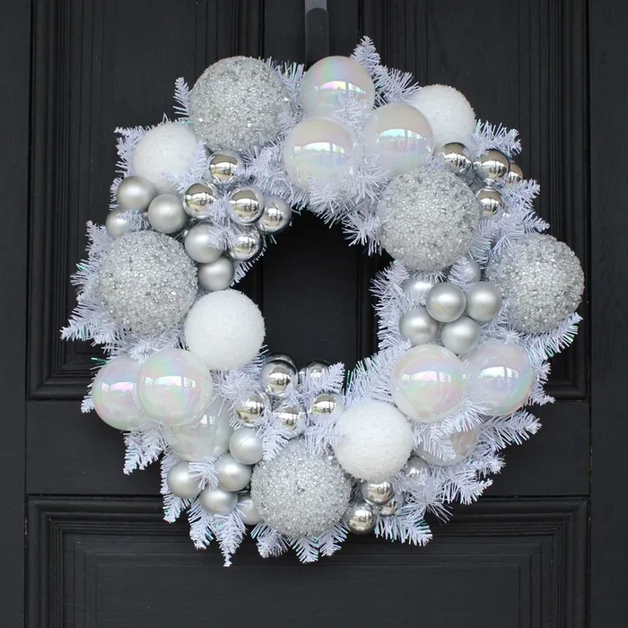 Iridescent Pine & Mixed Pearlized and Silver Sequin Beaded Ornament Front Door Christmas Wreath 20″