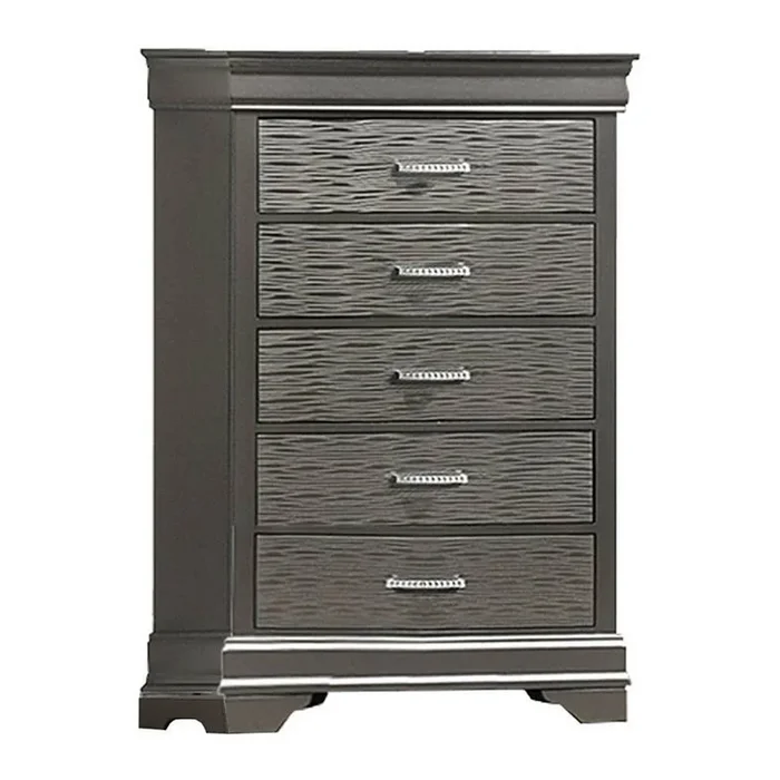Jean Tall Dresser Chest, 5 Drawers, Chrome, Dark Gray Solid Wood – Benzara