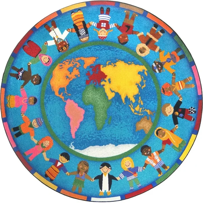 Joy Carpets Kid Essentials Hands Around the World 13’2 Round Area Rug in Color Multi
