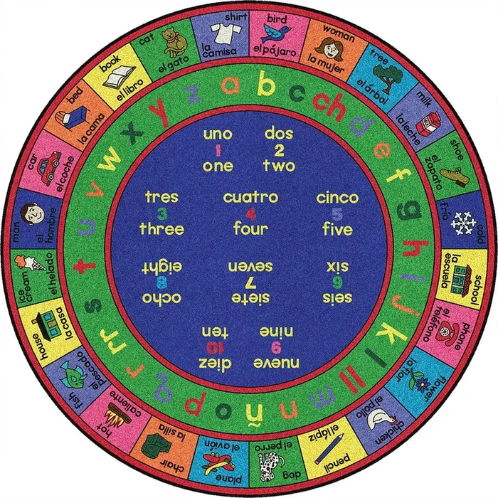 Joy Carpets Kid Essentials LenguaLink (Spanish) 13’2 Round Area Rug in Color Multi