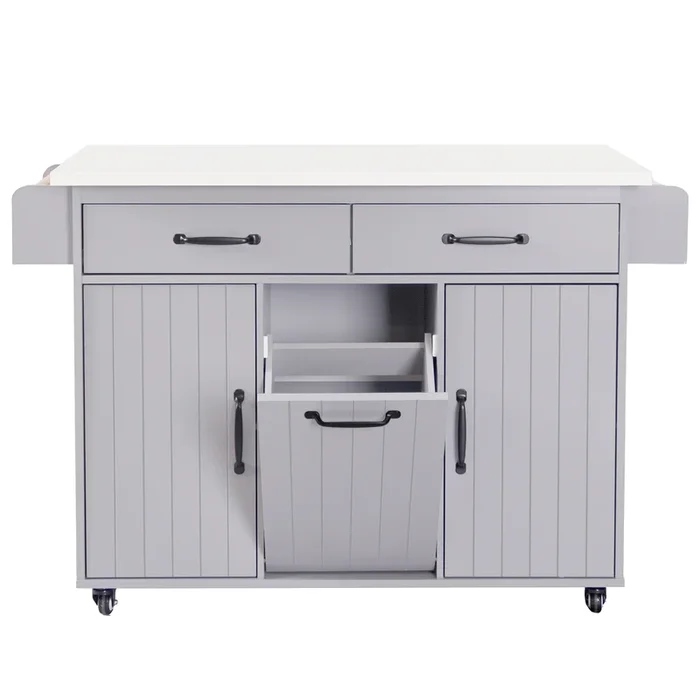 Kitchen Island with Trash Can Storage Cabinet, Kitchen Cart with Drop Leaf, Spice Rack, Towel Rack and Drawer, Rolling Kitchen Island on Wheels with Adjustable Shelf, Grey