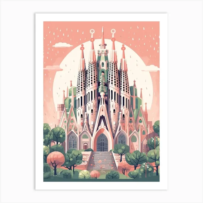 La Sagrada Família Barcelona, Spain Cute Botanical Illustration Travel 2 Art Print by Travel Poster Collection