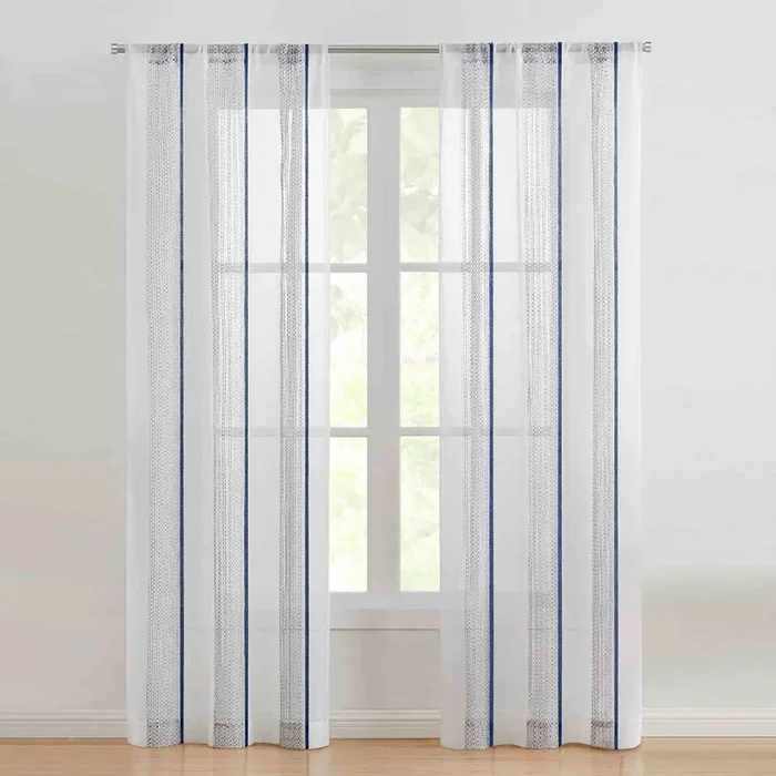 Leah Blue & White Woven Sheer Rod Pocket Curtain Panel, 84″
