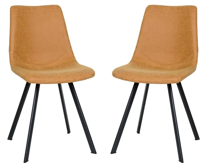 LeisureMod Markley Leather Dining Chair With Metal Legs in Light Brown Set of 2