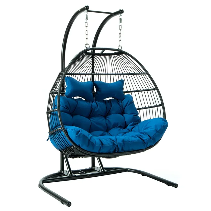 LeisureMod Wicker 2 Person Double Folding Hanging Egg Swing Chair Removable Cushion With Iron Base