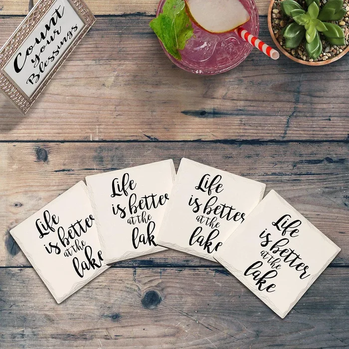 Life Is Better At The Lake Coasters | Drink Coaster Set of 4 | Absorbent Ridged Ceramic with Cork Backing