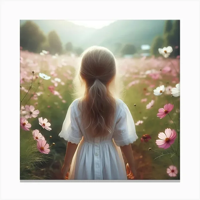 Little Girl In A Field Of Flowers 4 Canvas Print by Oddly Minds