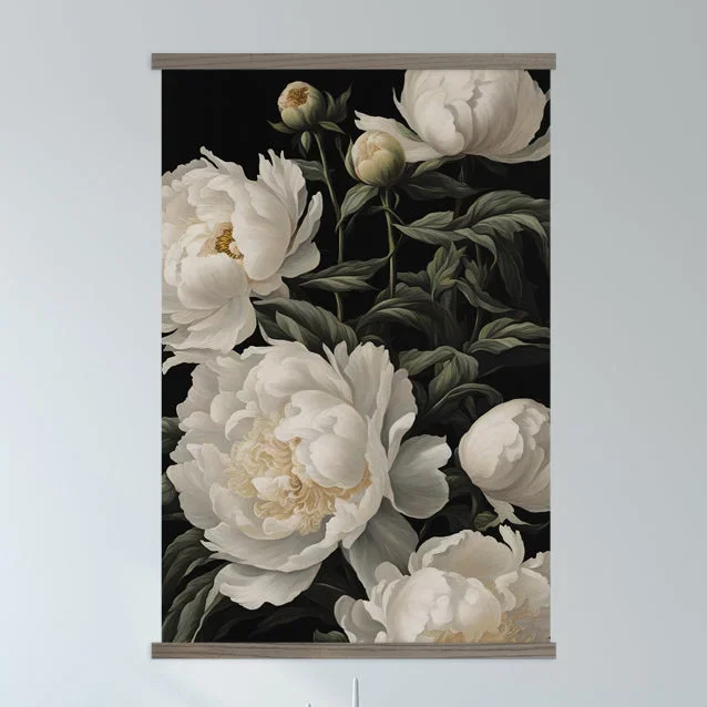 Living Room Large Canvas Wall Art – White Peonies Black Background