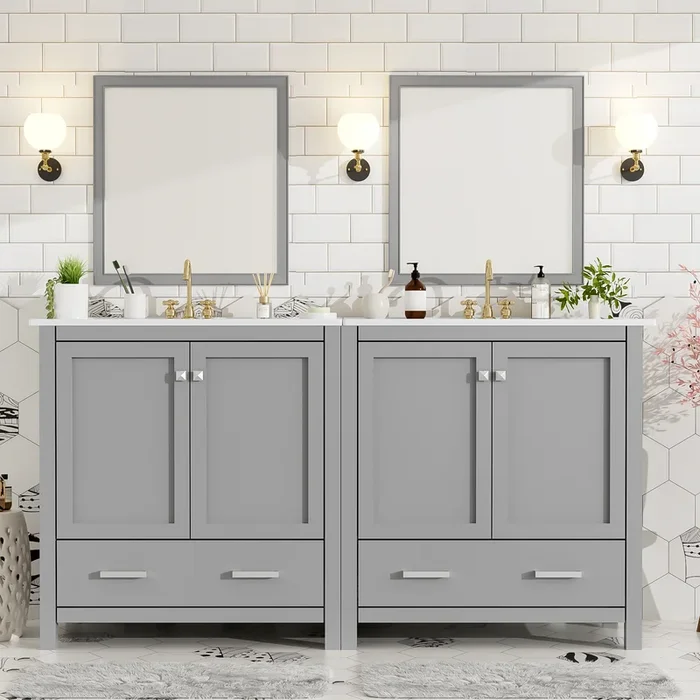 Merax Double Sink Bathroom Vanity Set Freestanding Dual Vanity 2 Ceramic Sinks, Storage Shelf & Divided Drawers Mirror Not Included