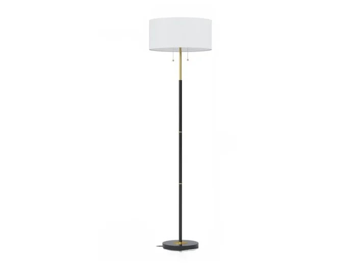 Mid-Century 2-Light Floor Lamp – White Fabric Shade, 3-Color LED Bulbs Included