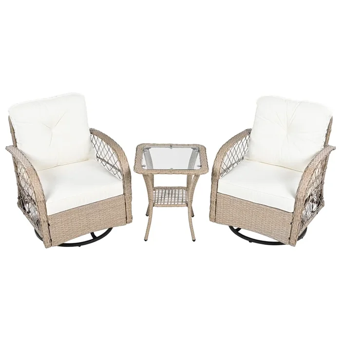 Mondawe 3-Pcs Outdoor Rattan Swivel Set,W/Storage, 360° Rotation,Weatherproof Patio Conversation Set
