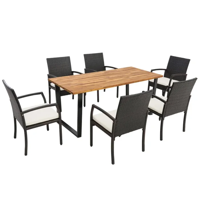 Mondawe 7Pcs Outdoor Rattan Patio Dining Set With Removable Cushions & Umbrella Hole,Rustproof Frame