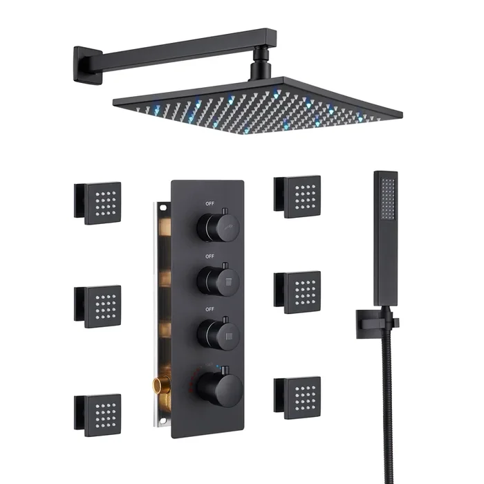 Mondawe Thermostatic LED Light 3 Functions Wall Mounted Shower System with 6 Body Jets and Rough-in Valve in Chrome