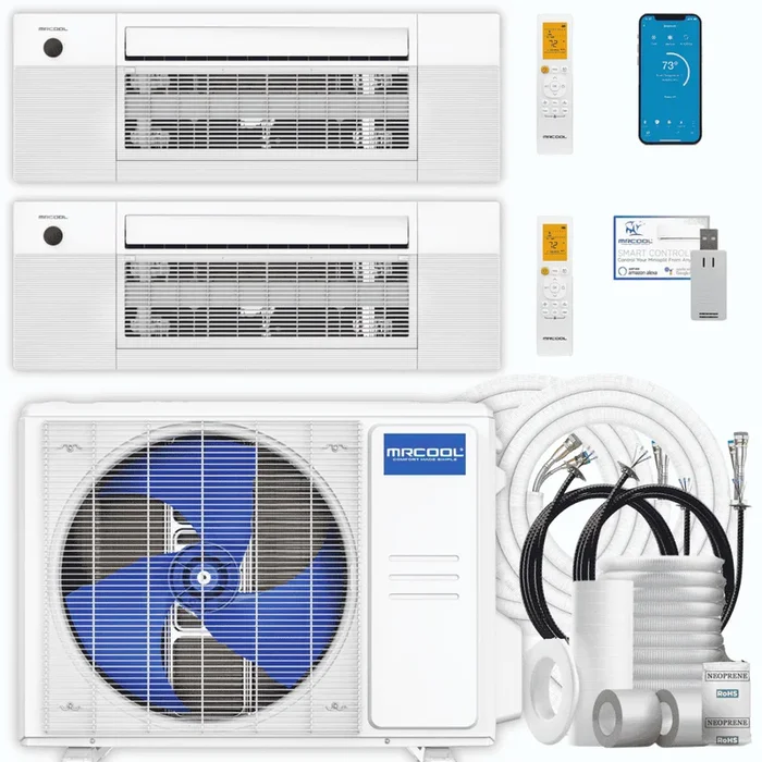MRCOOL DIY 5th Gen 2-Zone 18,000 BTU Ceiling Cassette Ductless Mini Split Air Conditioner & Heat Pump with Pre-Charged Line Sets (9K+9K), DIYM218HP