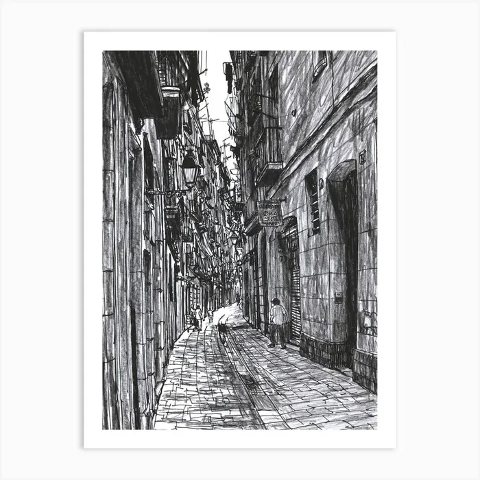 Narrow street in the Gothic Quarter of Barcelona Art Print by Asobōze