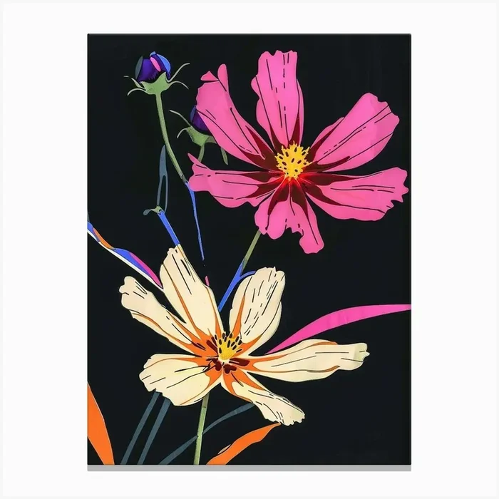 Neon Flowers On Black Cosmos 2 Canvas Print by Botanic Studio