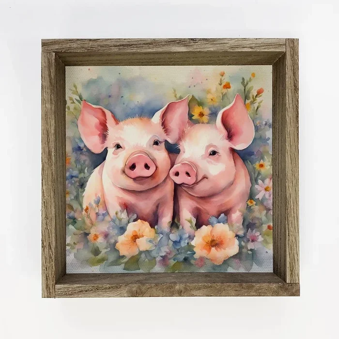 Pig Pair in Flowers – Spring Time Pig Canvas Art – Framed