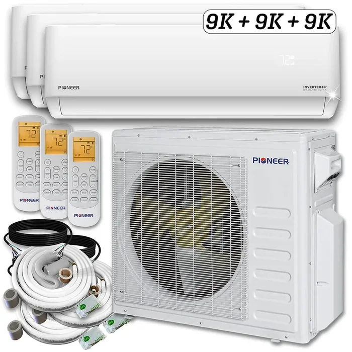 Pioneer® Mini Split 27,000 BTU 3 Zone Ductless Air Conditioner and Heat Pump with 25 ft. Kits, WYT030GLHI22M3-9W-9W-9W-25
