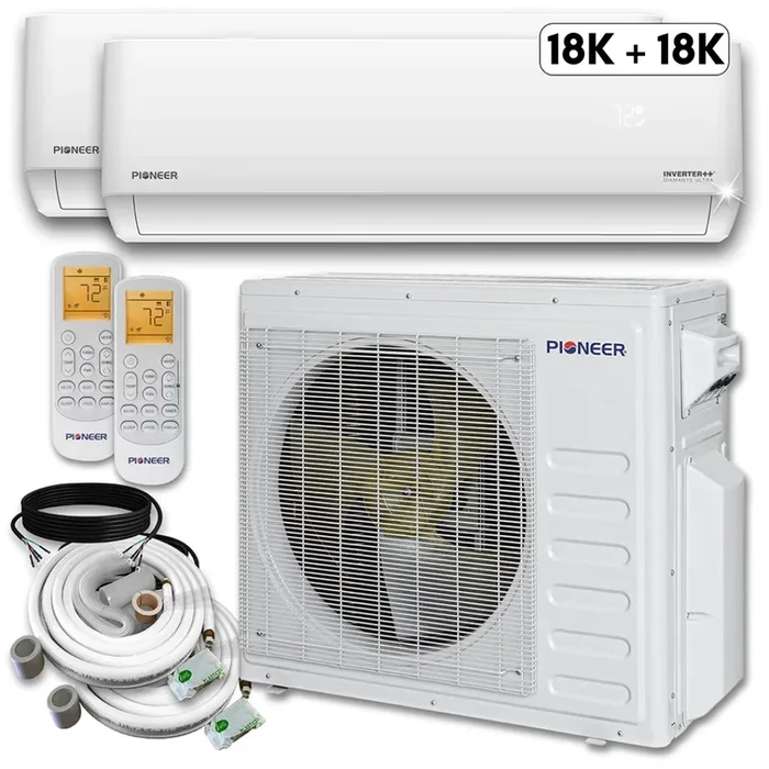 Pioneer® Mini Split 36,000 BTU 2 Zone Ductless Air Conditioner and Heat Pump with 50 ft. Kits, WYT040GLHI22M4-18W-18W-50
