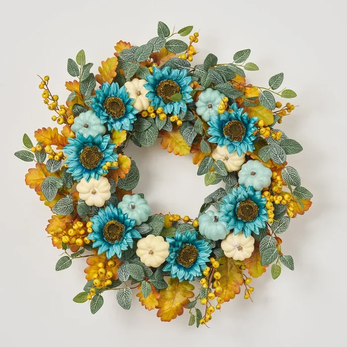 Pumpkins by the Sea – Turquoise Sunflower, Cream & Teal Pumpkins, Gold Berry, & Oak Leaf Fall Front Door Wreath