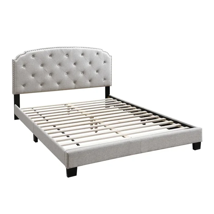 Queen Bed with Button Tufted Scalloped Headboard, Light Brown – Benzara
