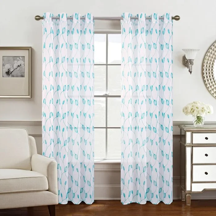 Ramallah Krista Embroidered Grommet Curtain Panel – 54×90″, White/Teal