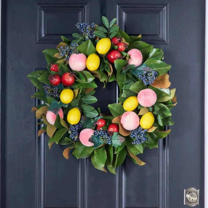 Real Touch Magnolia Fruit Wreath with Pomegranate, Lemon & Peach All Seasons Front Door Wreath
