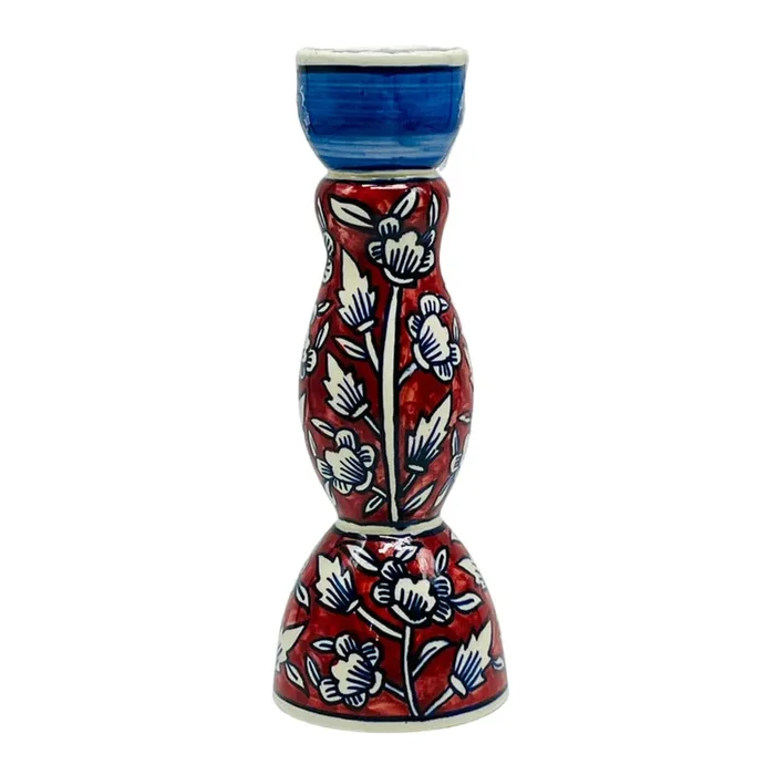 Red & Blue Floral Taper Holder, 10″