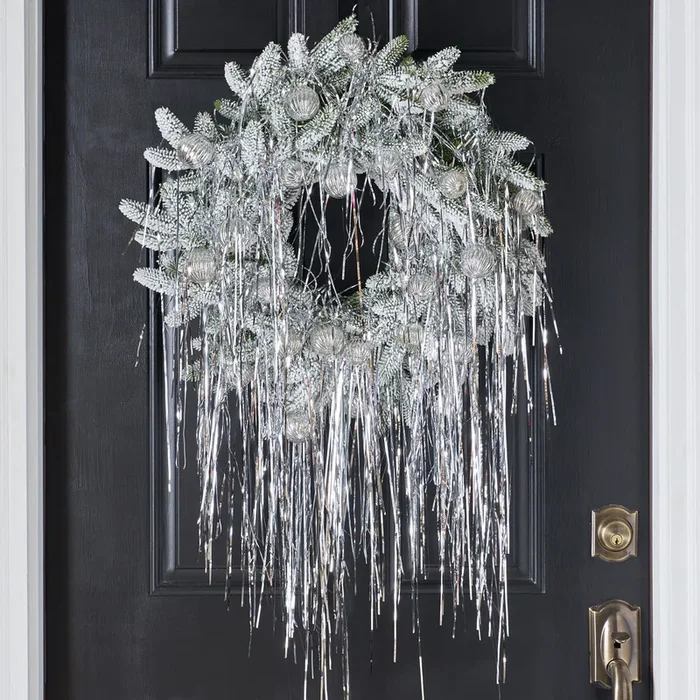 Retro Holiday Glamour – Silver Draped Tinsel with Mini Mercury Look Ornaments on Snow Pine Christmas Door Wreath