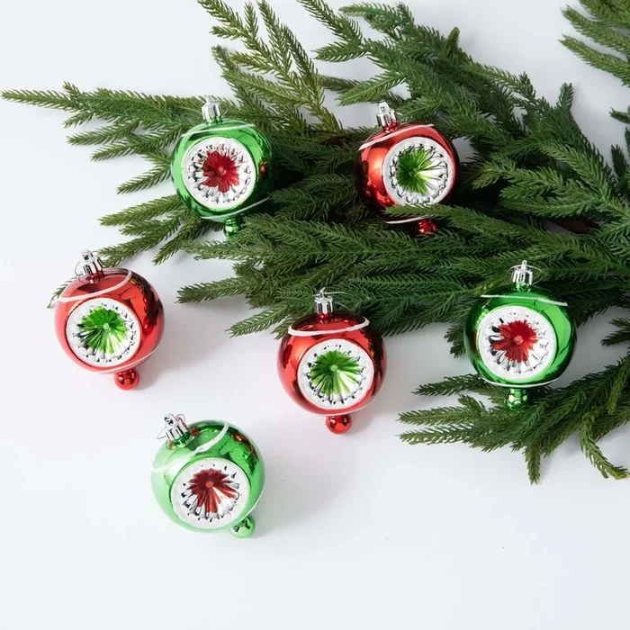 Retro Holiday Red, Green & Silver Reflector Ball Christmas Ornament Set of 6
