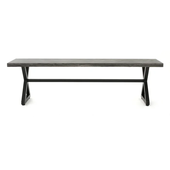 Romita Outdoor Dining Bench, X Shape Legs, Gray Metal, Black Steel, 63 Inch – Benzara