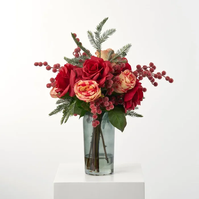 Roses Noel – Real Touch Red & Candy Cane Stripe Roses with Red Sugar Glitter Berry in Smoke Glass Vase Large Centerpiece Christmas Water Illusion Arrangement
