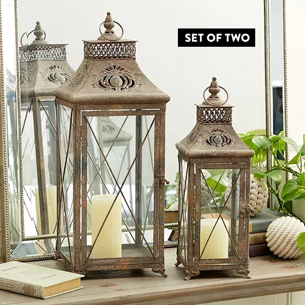 Rustic Distressed Metal and Glass Lanterns, Set of Two – Decor Steals
