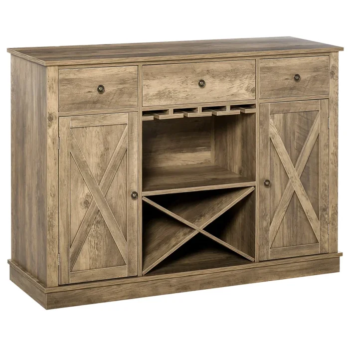 Rustic Oak Storage: Farmhouse Buffet with Wine Rack and Drawers