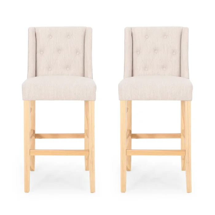 Seliva Barstool Chair Set of 2, Beige Fabric, Tufted Back, Brown Rubberwood – Benzara