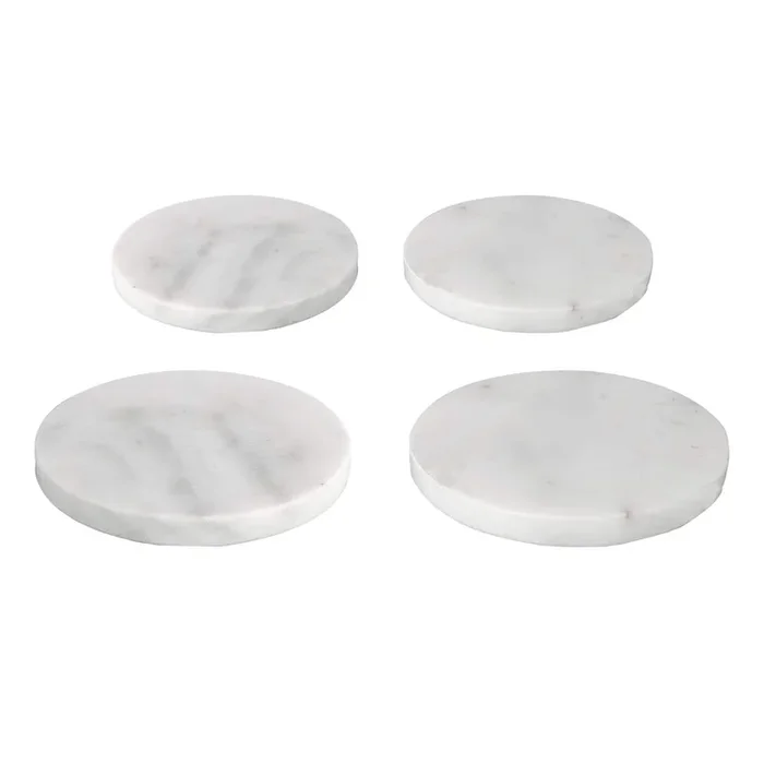Set of 4 Round White Marbled Stoneware Coasters